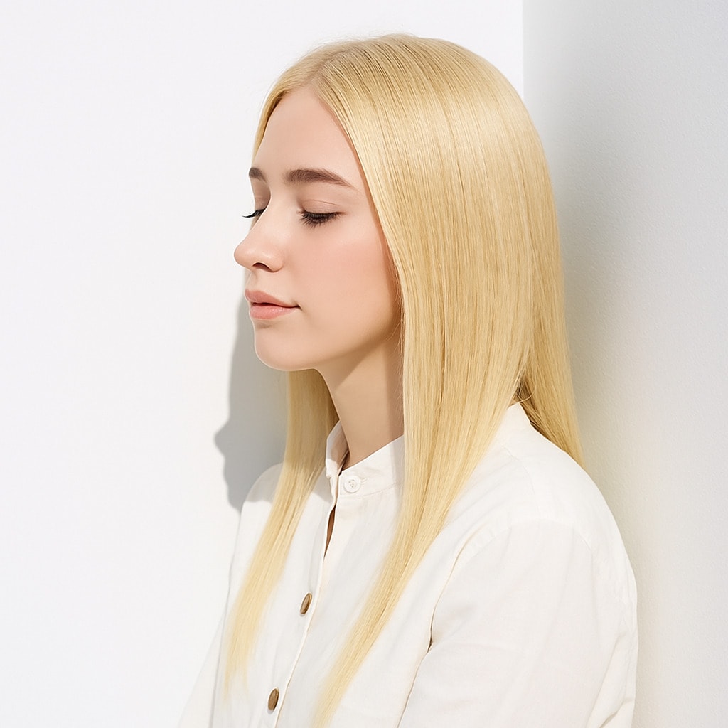 4. ホワイトブロンド×ストレートロング：軽やかに揺れる髪で爽やかさを演出