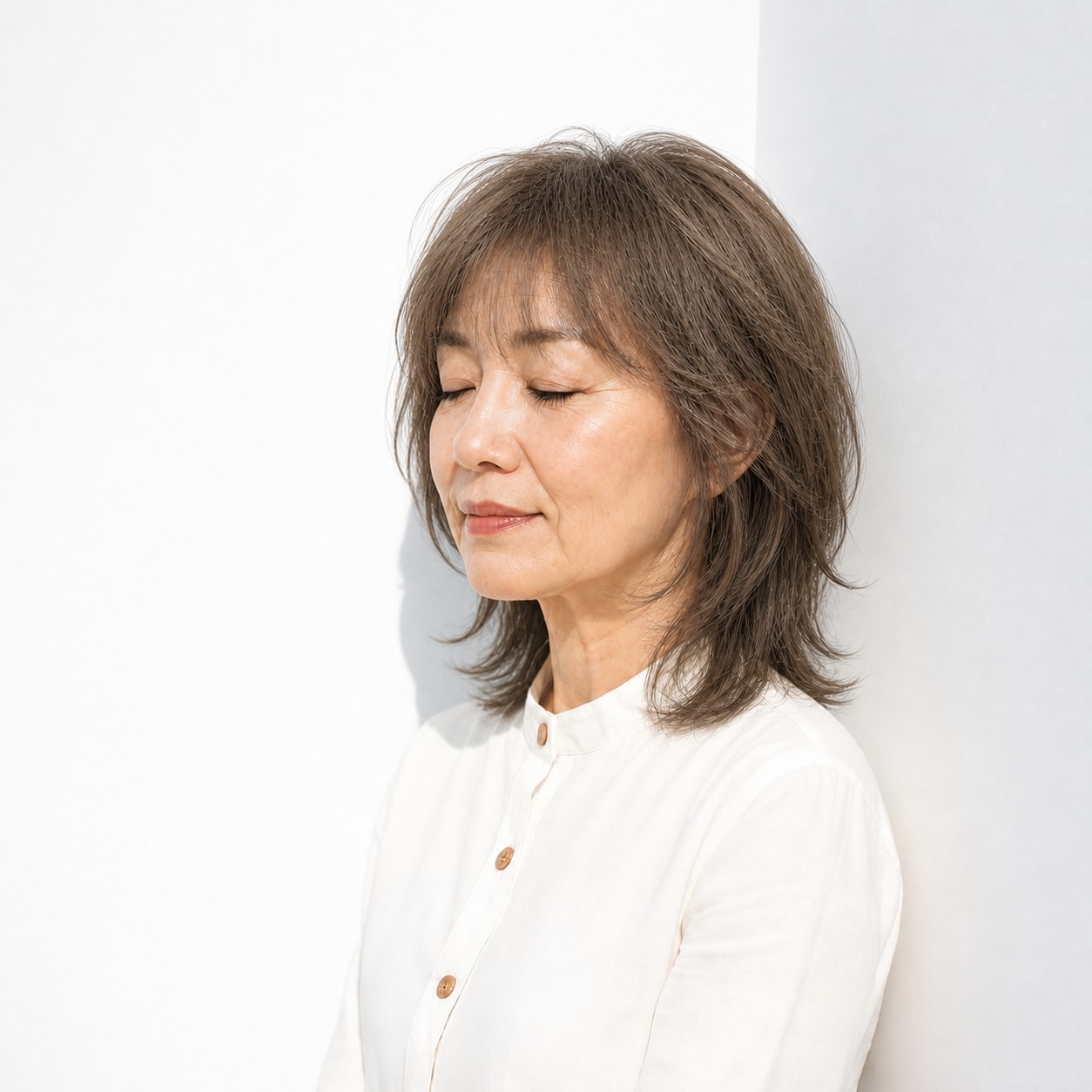 4. ミディアムウルフ × グレージュ：60代の白髪を自然に