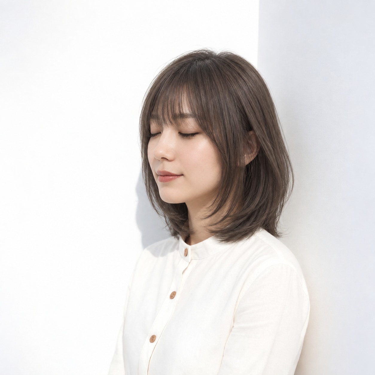4. ミディアムレイヤー × 前髪あり × 内巻き：動きを残しながらも輪郭が散らず、端正にまとまります