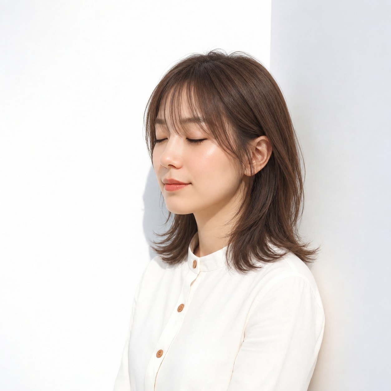 4. ミディアムヘア × サイドレイヤー：顔まわりに斜めの線が入り、輪郭を自然に包めます