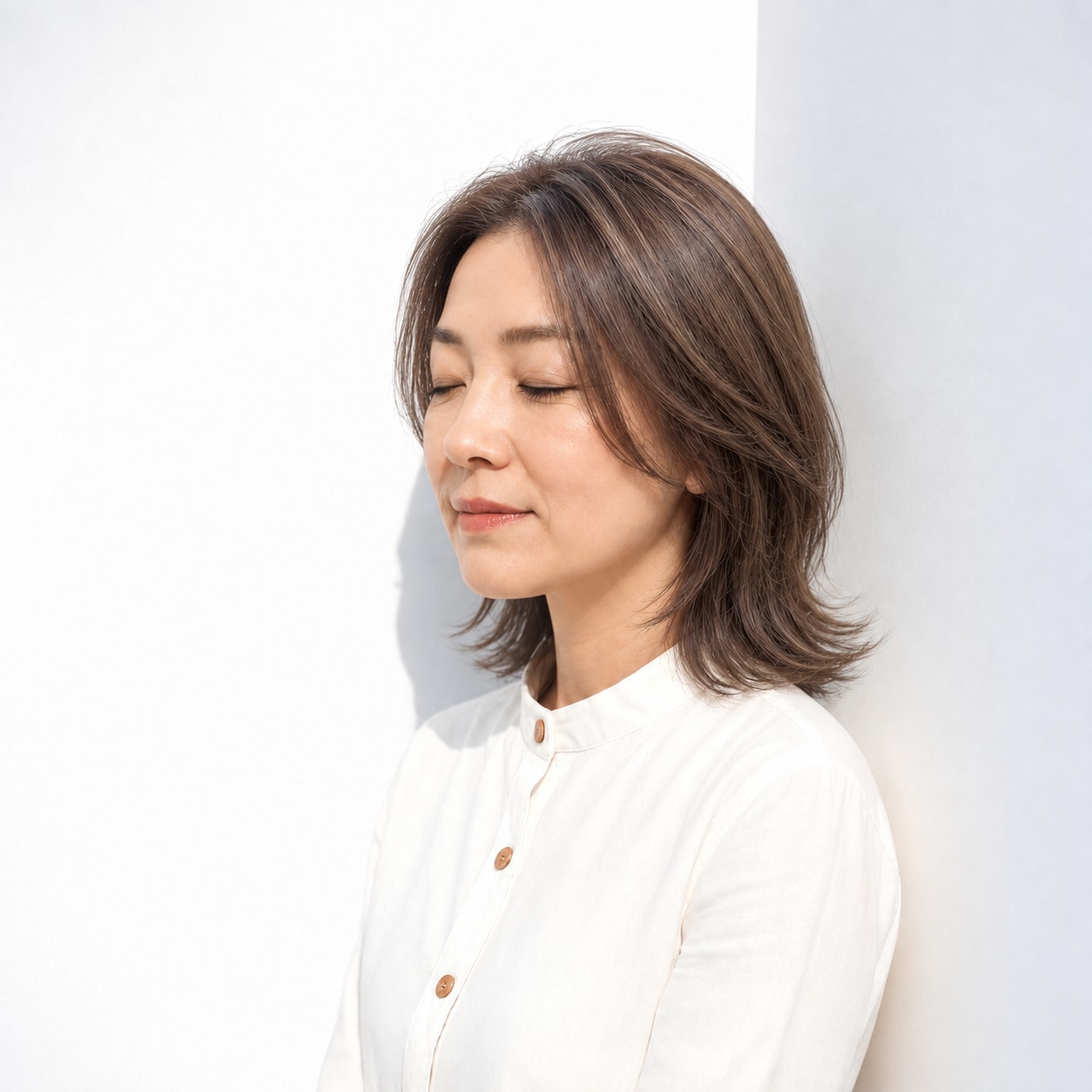 4. ミディアムレイヤー × 前髪なし × 内巻き：動きを残しながらも輪郭が散らず、端正にまとまります