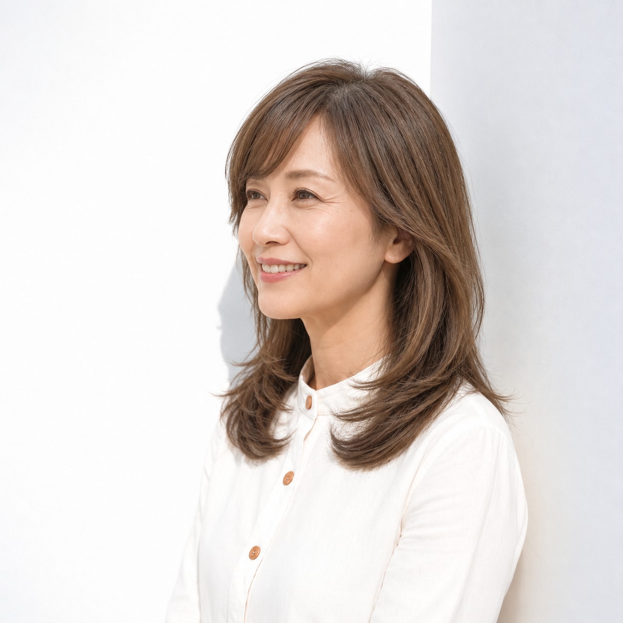 3. ミディアムレイヤー × 長め前髪：大きな内巻きで品よく