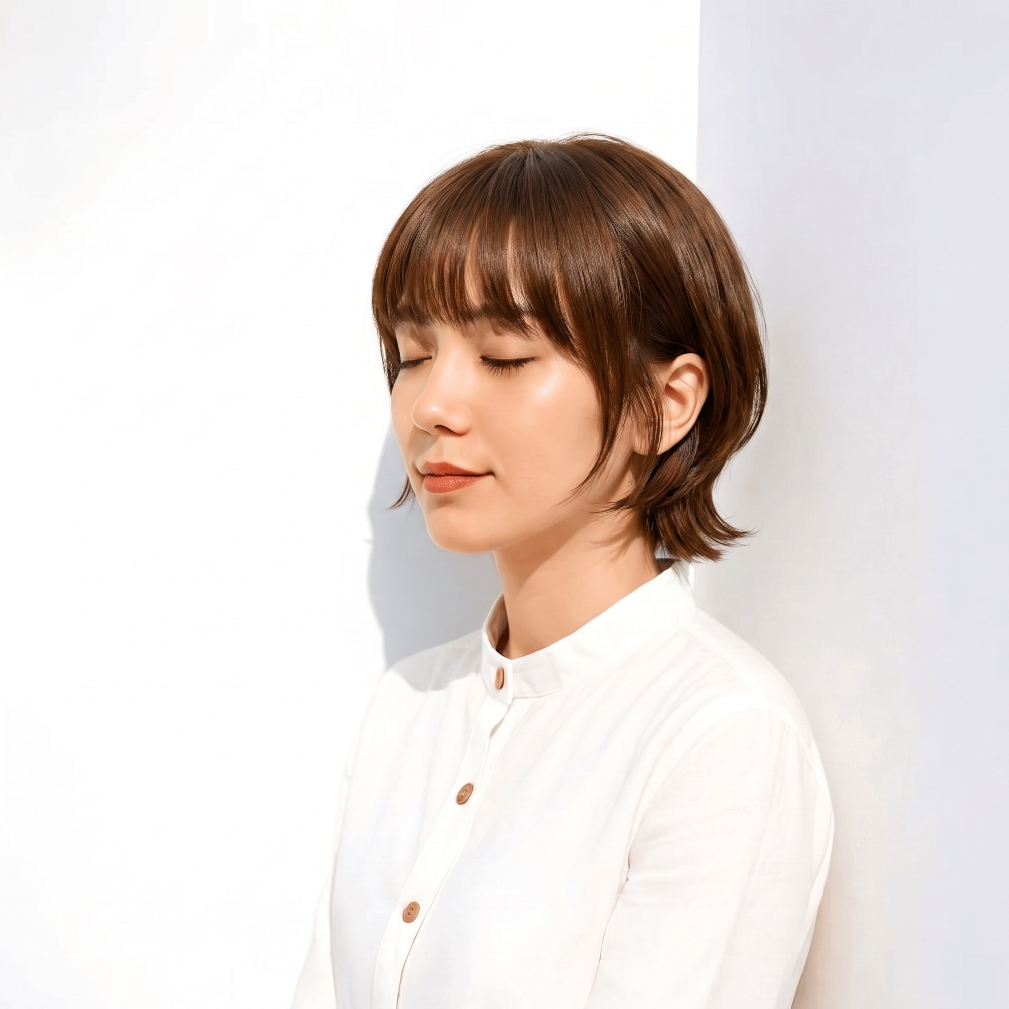 4. モカブラウン×コンパクトショートボブ: 赤みとオレンジを含むブラウンで短めヘアが柔らかい印象になる
