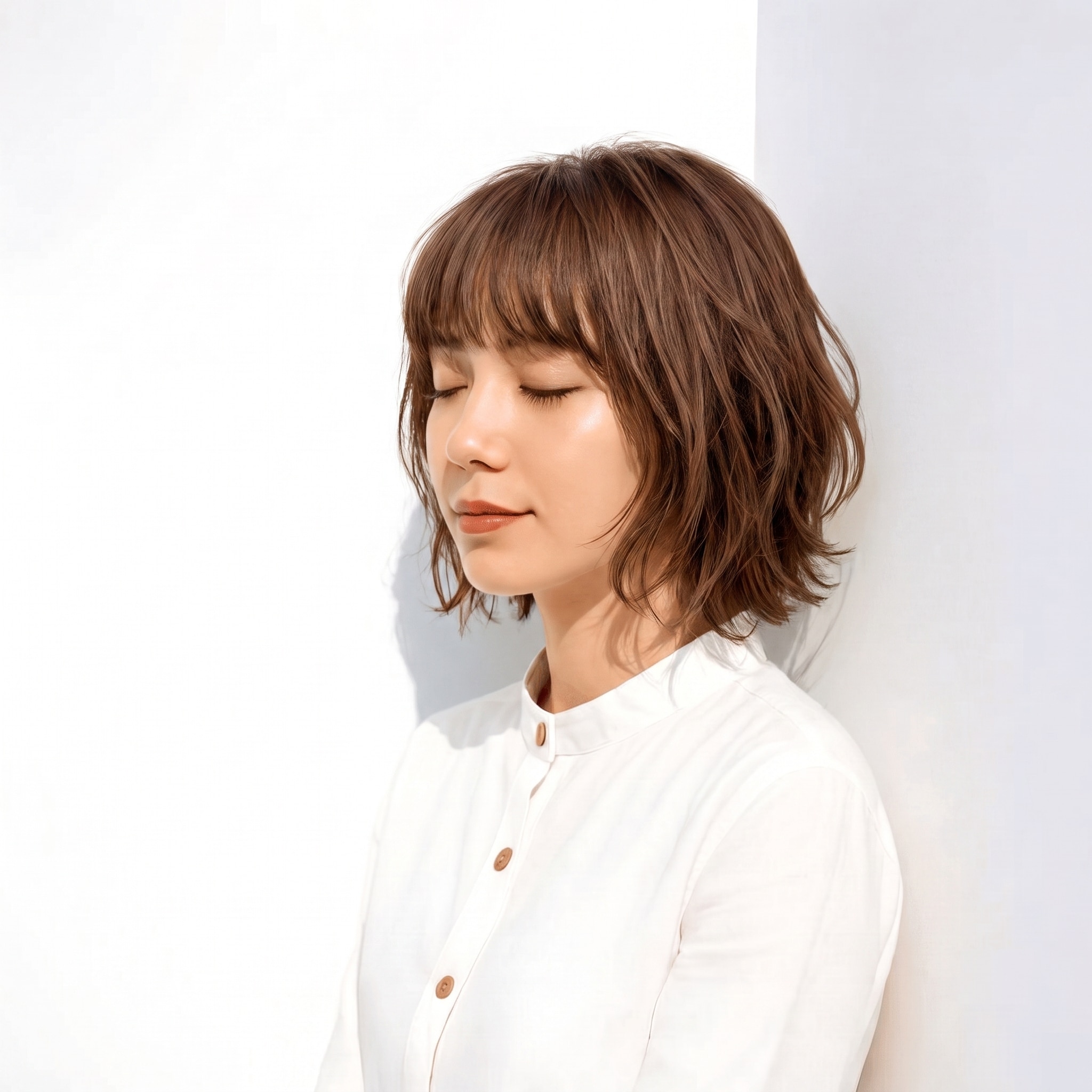 4. ライトベージュ×外ハネボブ: ブラウンを含むベージュで外ハネボブが肌になじみやすい