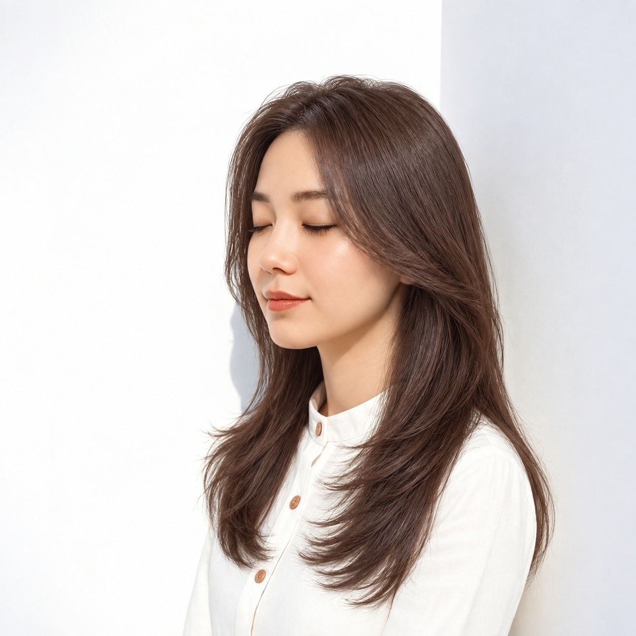 4. ロングレイヤー × 前髪なし × サイドレイヤー：顔まわりに斜めの線が入り、輪郭を自然に包めます