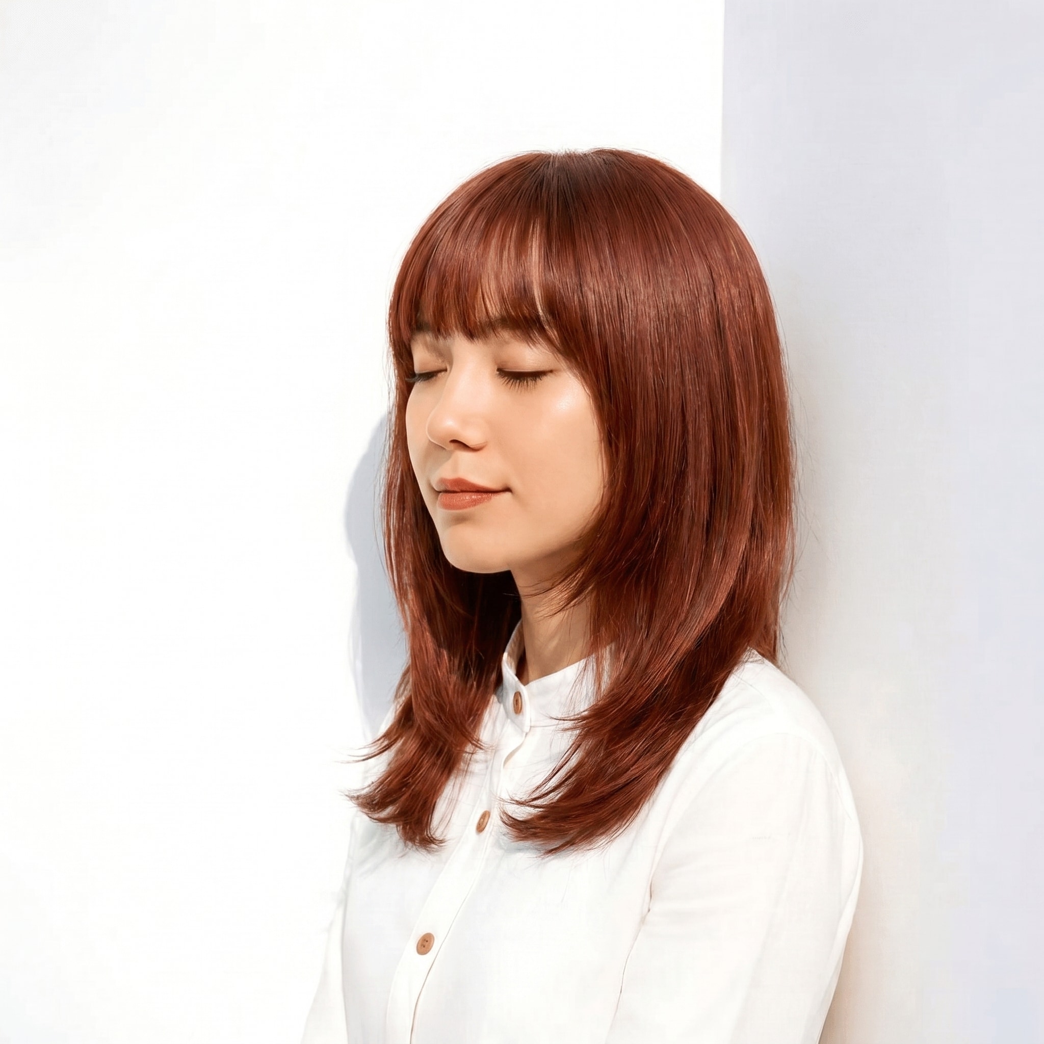 4. ローズブラウン×ミディアムストレート: 赤みピンクでツヤを引き立てる大人の髪色