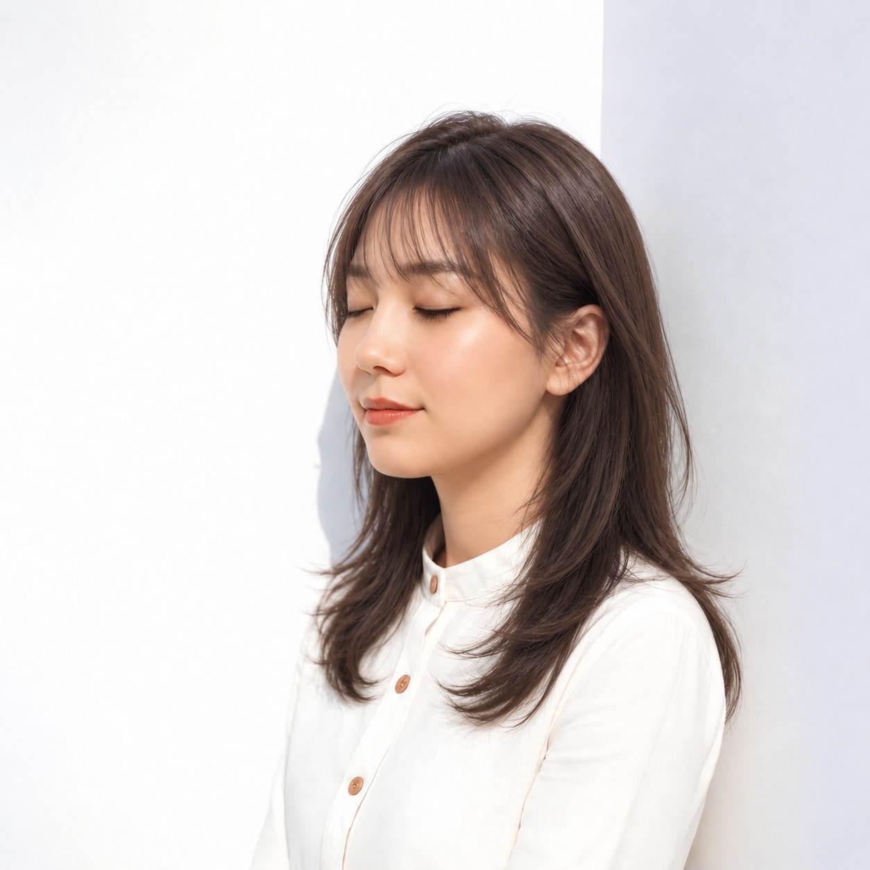 4. 内巻きレイヤーロング × ブラウン：細い顔まわりで自然に縁取る