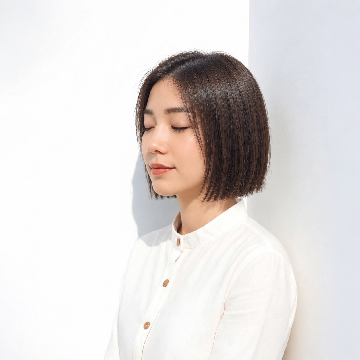 4. 切りっぱなしボブ × 前髪なし：厚みのある毛先がまっすぐなラインを引き立てる