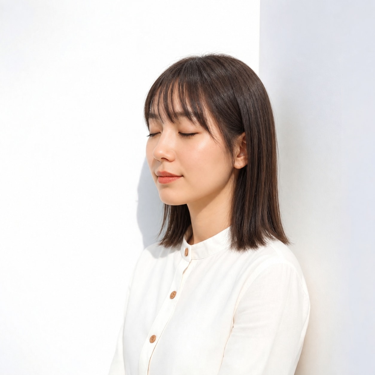 4. 切りっぱなしミディアム × 前髪あり × 鎖骨レイヤー：長さを保ちながら、動く位置が低くなりすぎません