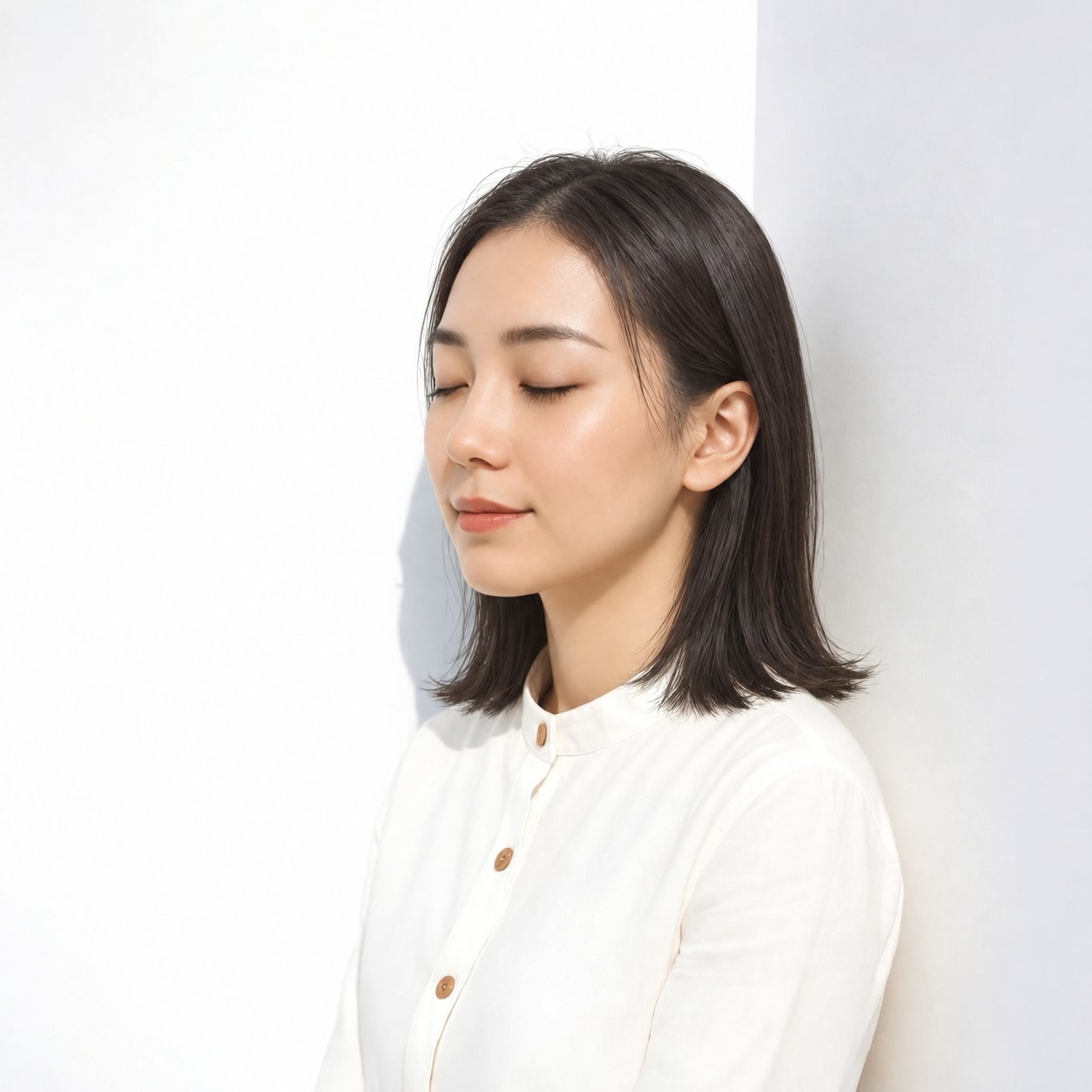 4. 切りっぱなしミディアム × 前髪なし × 内巻き：動きを残しながらも輪郭が散らず、端正にまとまります