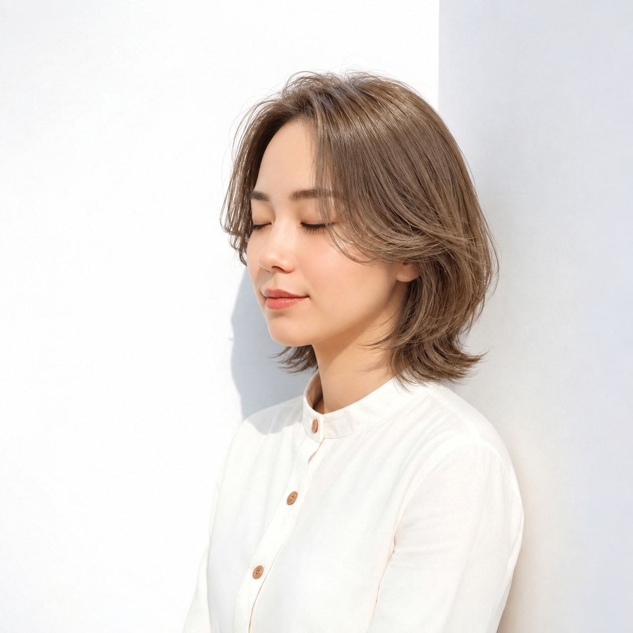 明るめブラウン系のウルフボブ。ふんわりしたトップと外向きの毛先