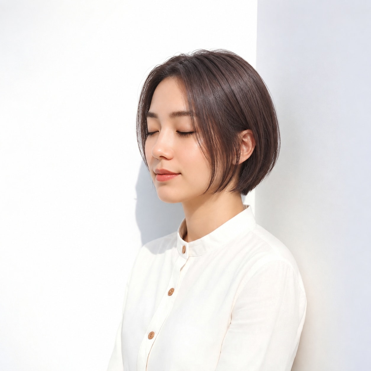 4. 前髪なしショートボブ × 切りっぱなし：毛先のラインを生かしてモードな雰囲気に
