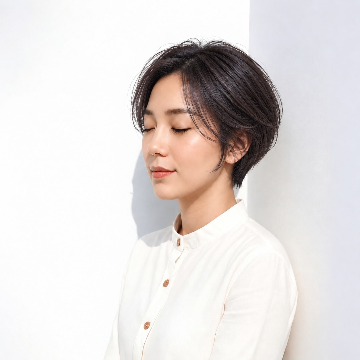 4. 前髪なしハンサムショート × 黒髪：横に広がる丸みでクールさとやわらかさを両立できる