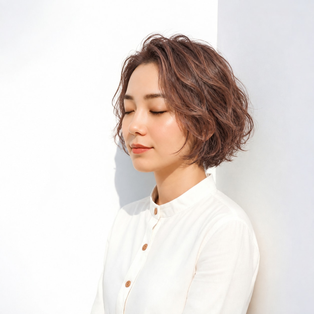 赤みブラウンにカールを重ねた、前髪なしのボブ