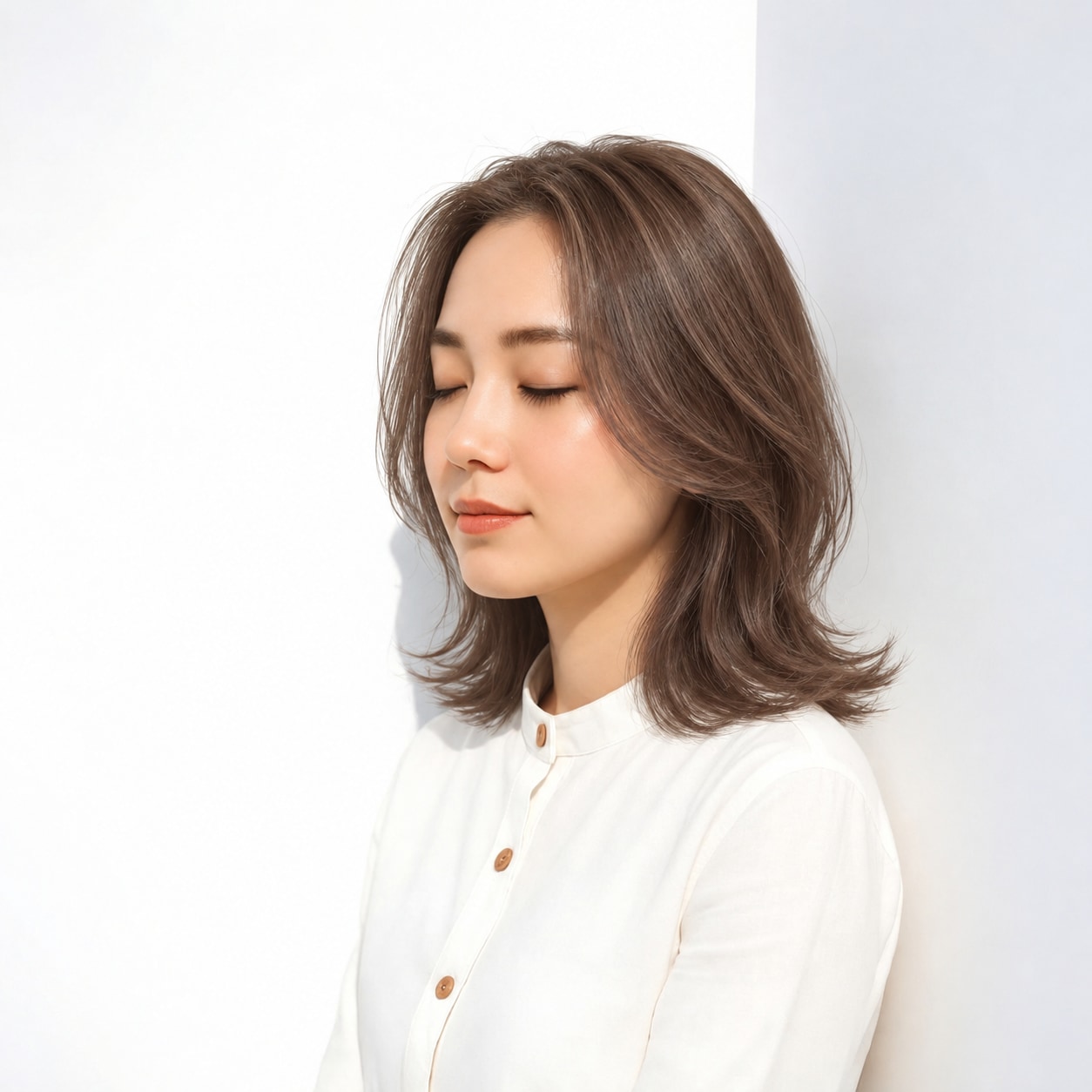 4. 外ハネミディアム × 前髪なし × 顔まわりレイヤー：頬の横にやわらかな線が生まれ、正面にも奥行きが出ます
