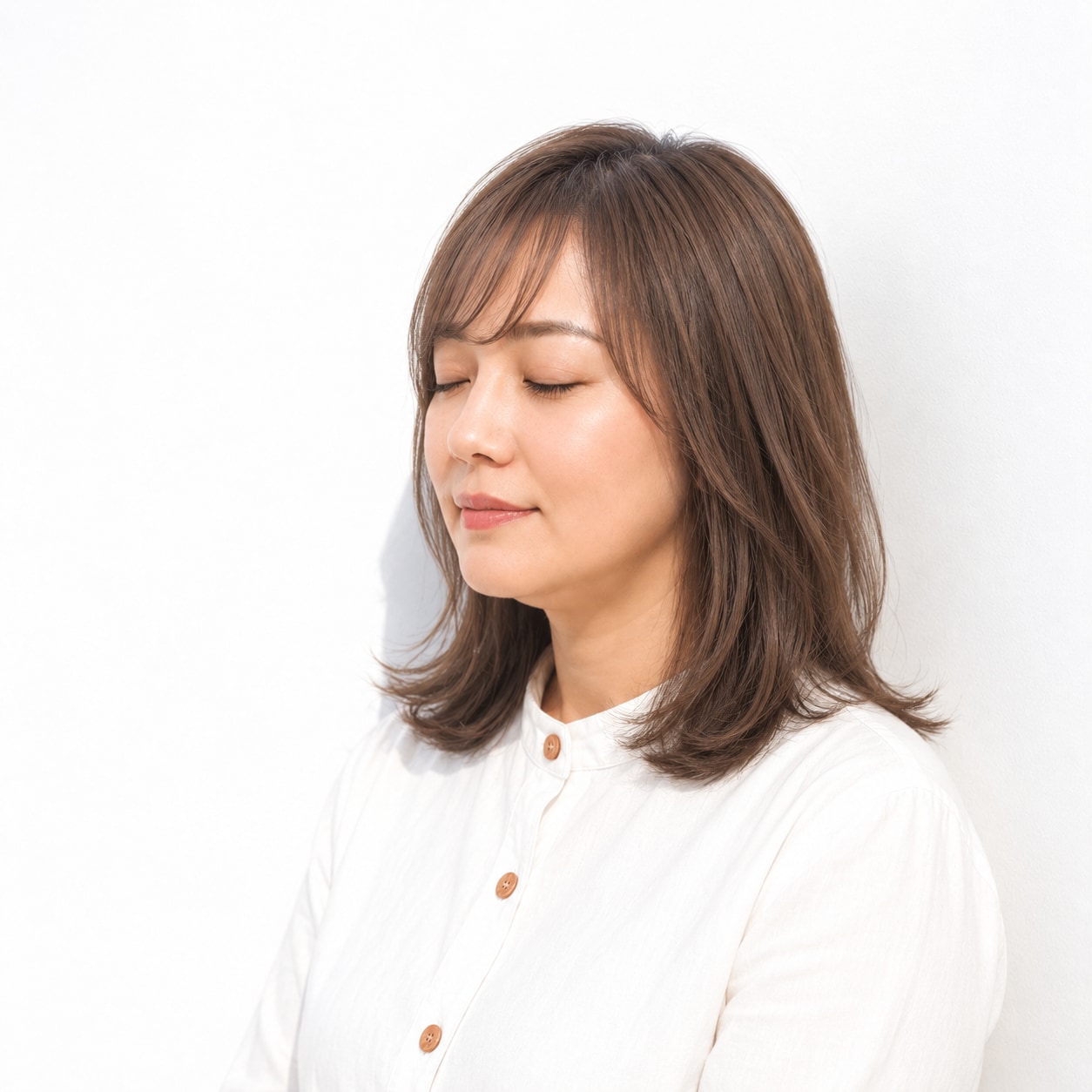 3. レイヤーミディアム × 顔まわりの毛流れ：すっきり上品に