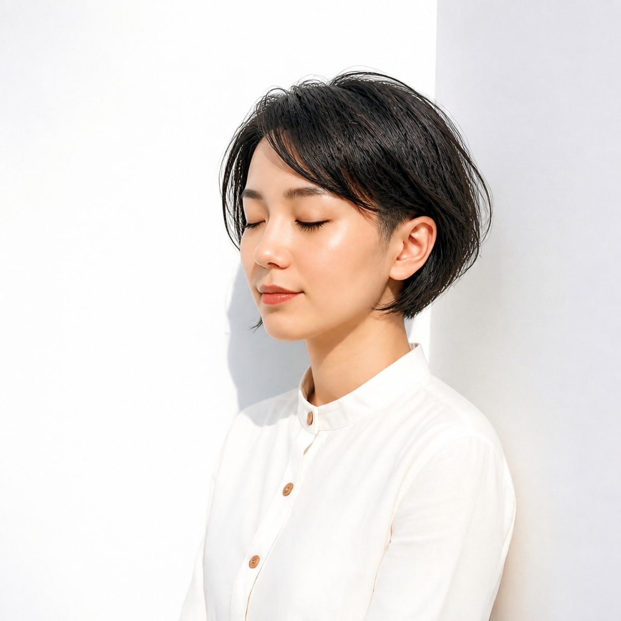 4. 女性のツーブロック × 黒髪ショート：ウェットな動きをプラス