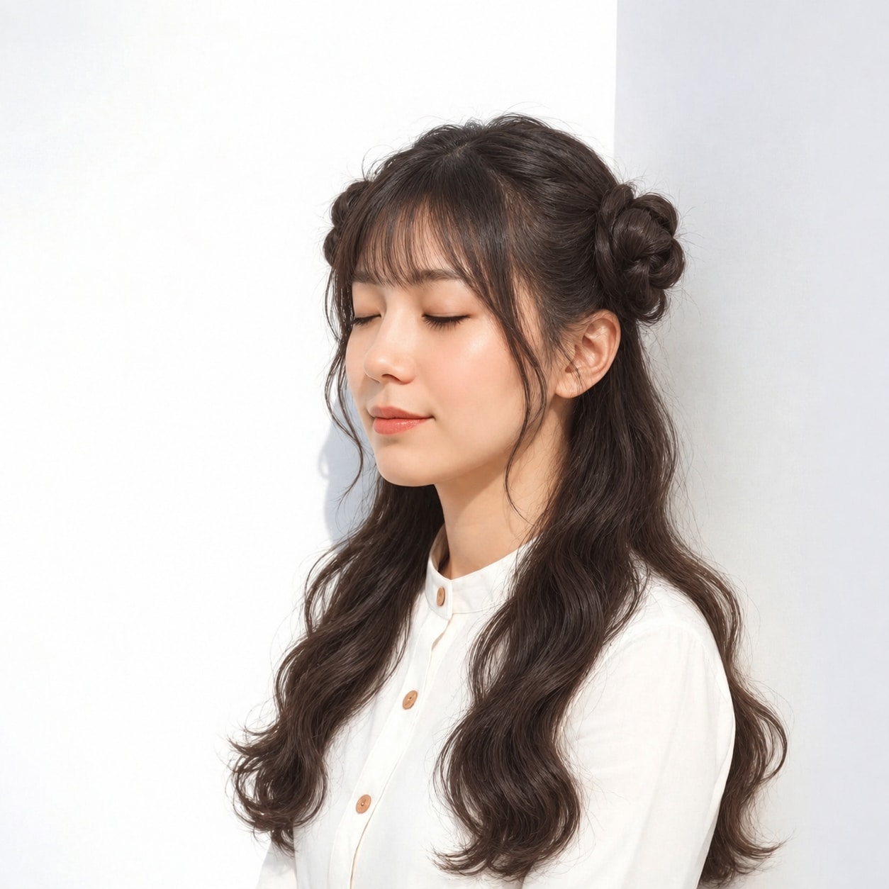 4. 羊ヘア × トップふんわり：頭頂部が平たく見えず、後ろの丸みへ自然につながります