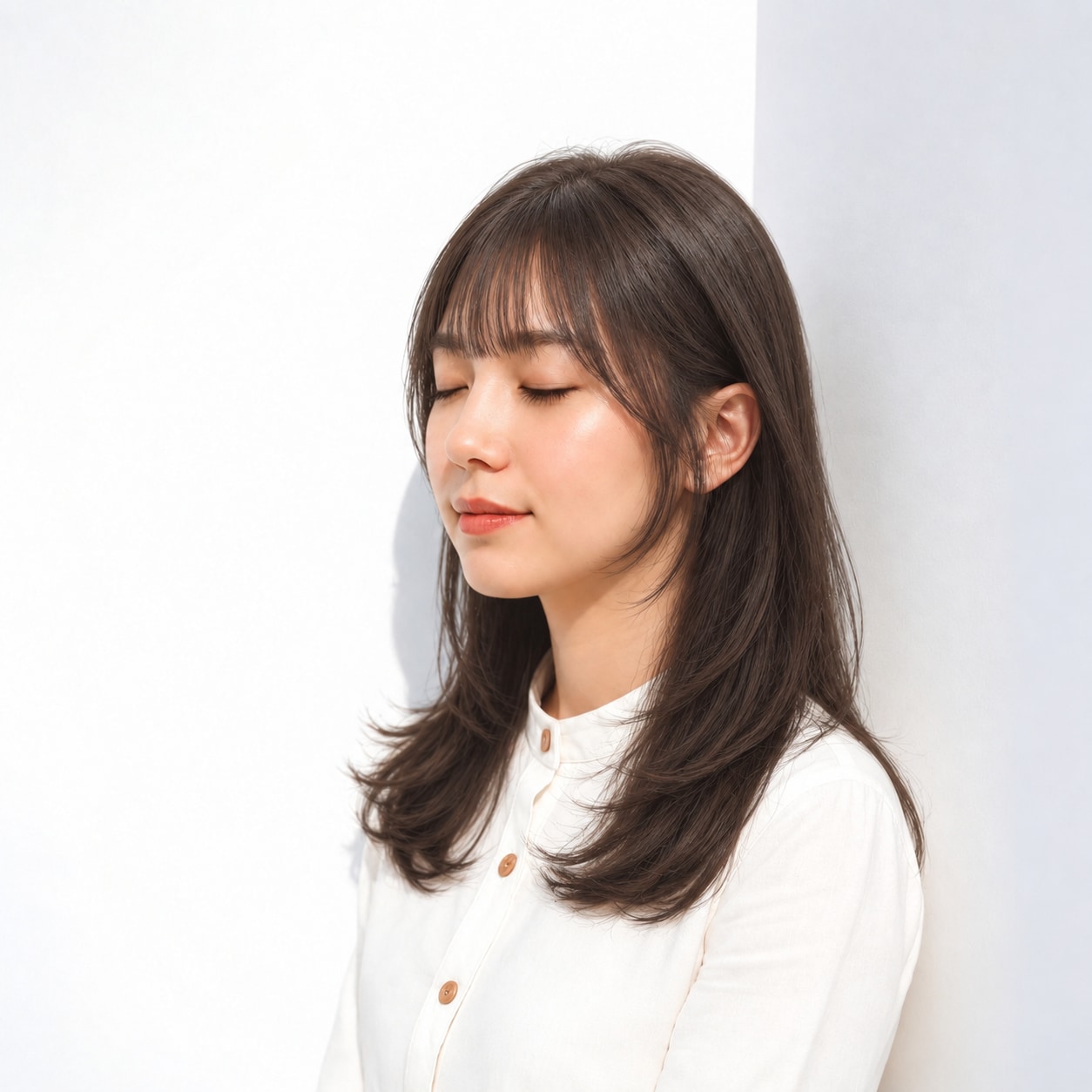 4. 耳かけロング × サイドバング：頬の細い髪でさりげなく調整