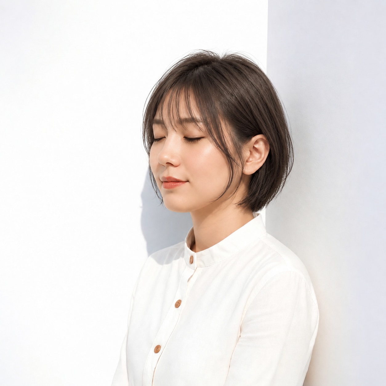 4. 触覚バング × ダークブラウンボブ：細い毛束が顔まわりを縁取る