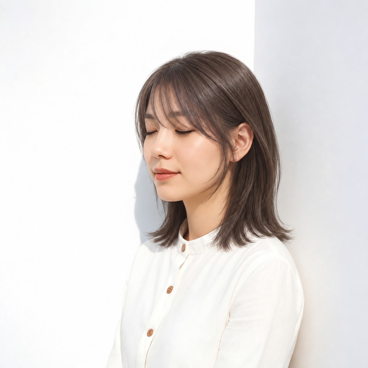 4. 顔まわりレイヤー × ミディアム × 内巻き：動きを残しながらも輪郭が散らず、端正にまとまります