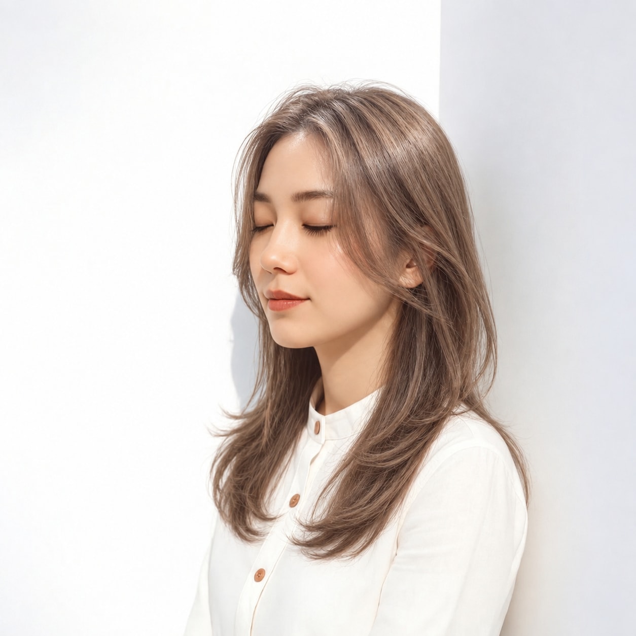 4. 顔まわりレイヤー × ロング × 内側へ収まる毛先：動きを残しながらも輪郭が散らず、端正にまとまります