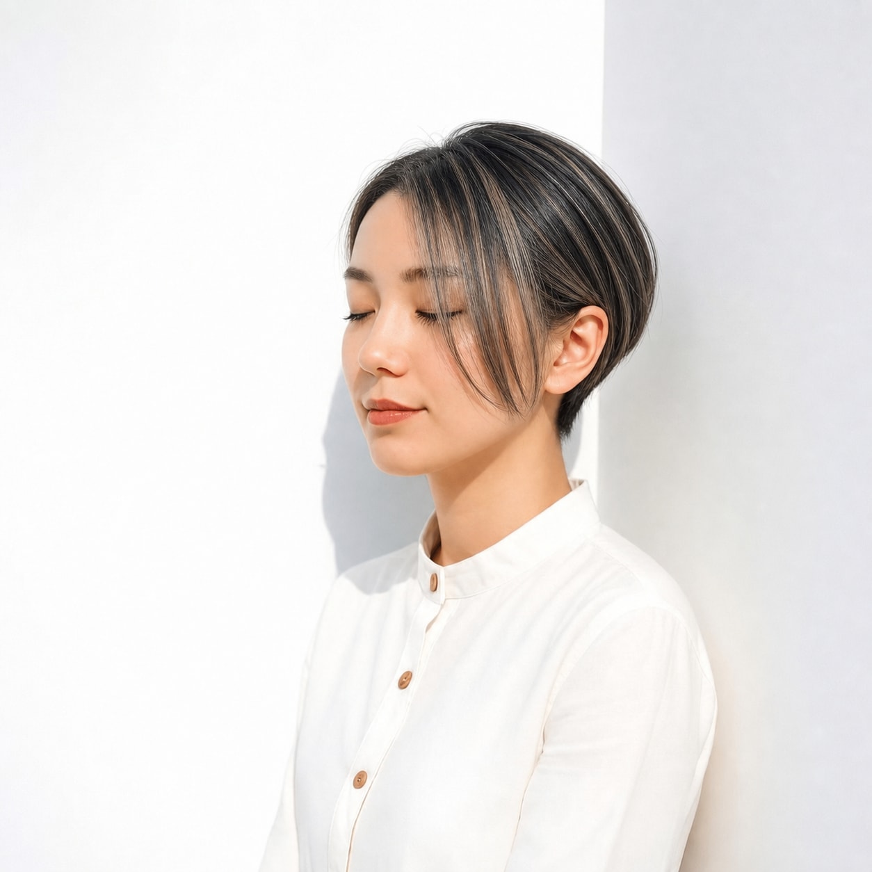 4. 黒髪ハイライト×ショート: サイドのラインで短めヘアに立体感が出る