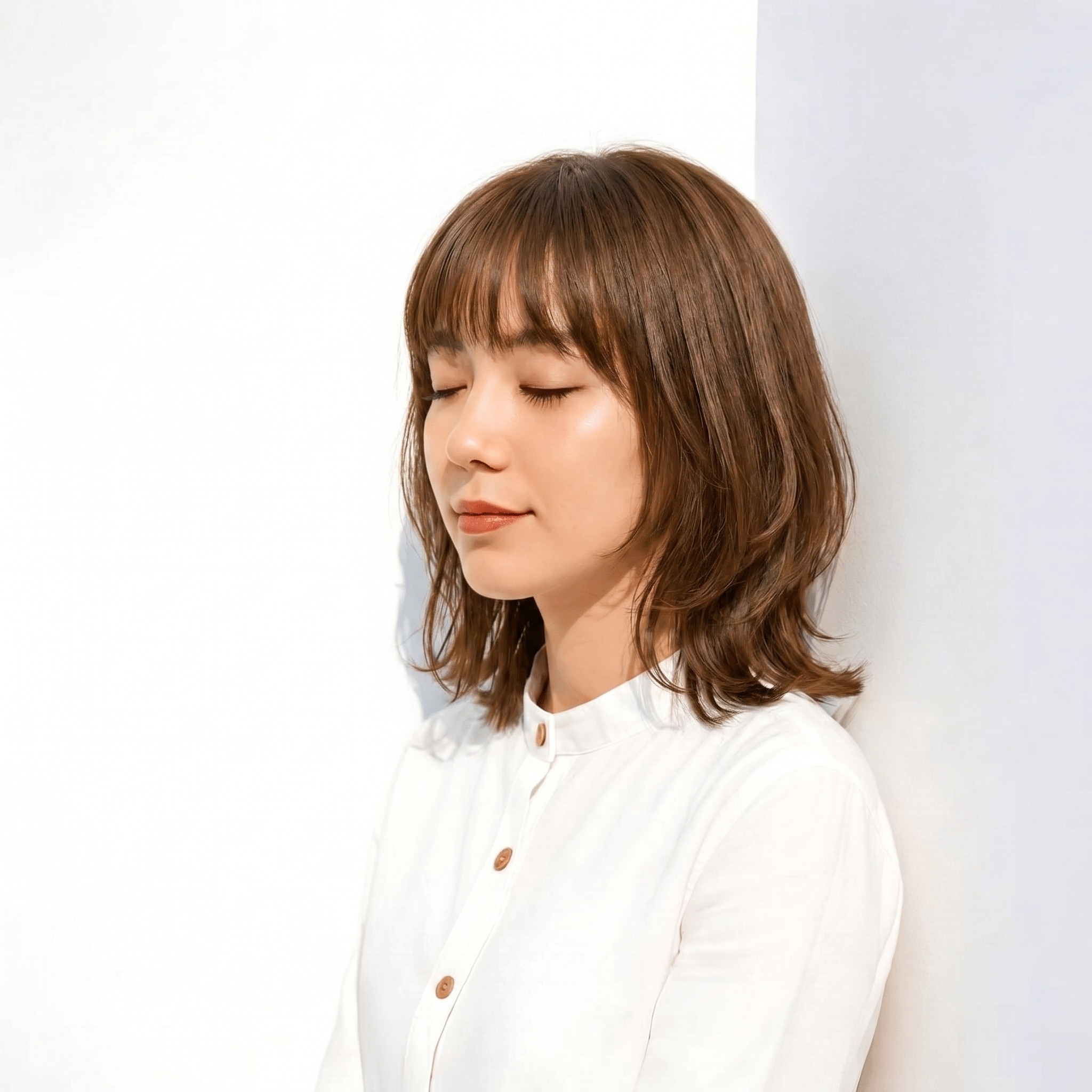 40. ショコラベージュ×レイヤーカット: 肩につく長さで軽やかに動くSカールが魅力