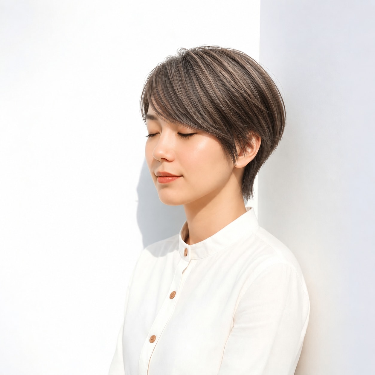 30. ハンサムショート × アッシュブラウンの流し前髪：流れる前髪が横顔まできれいにつながる