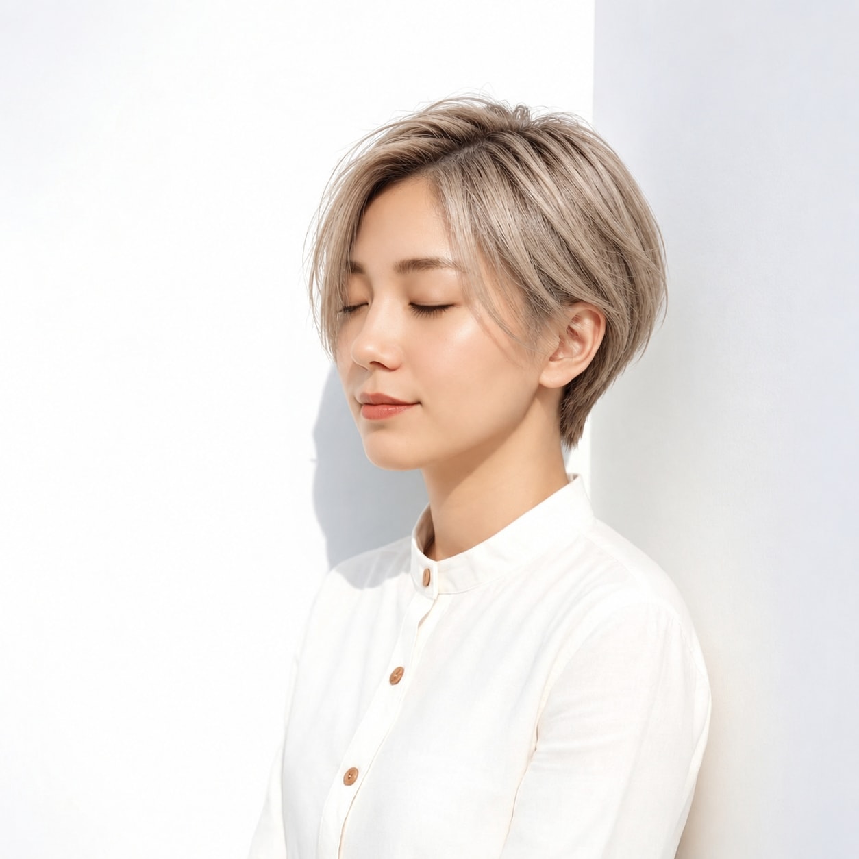 5. かき上げバング × ベージュショート：長い前髪で軽やかなクールさを楽しむ