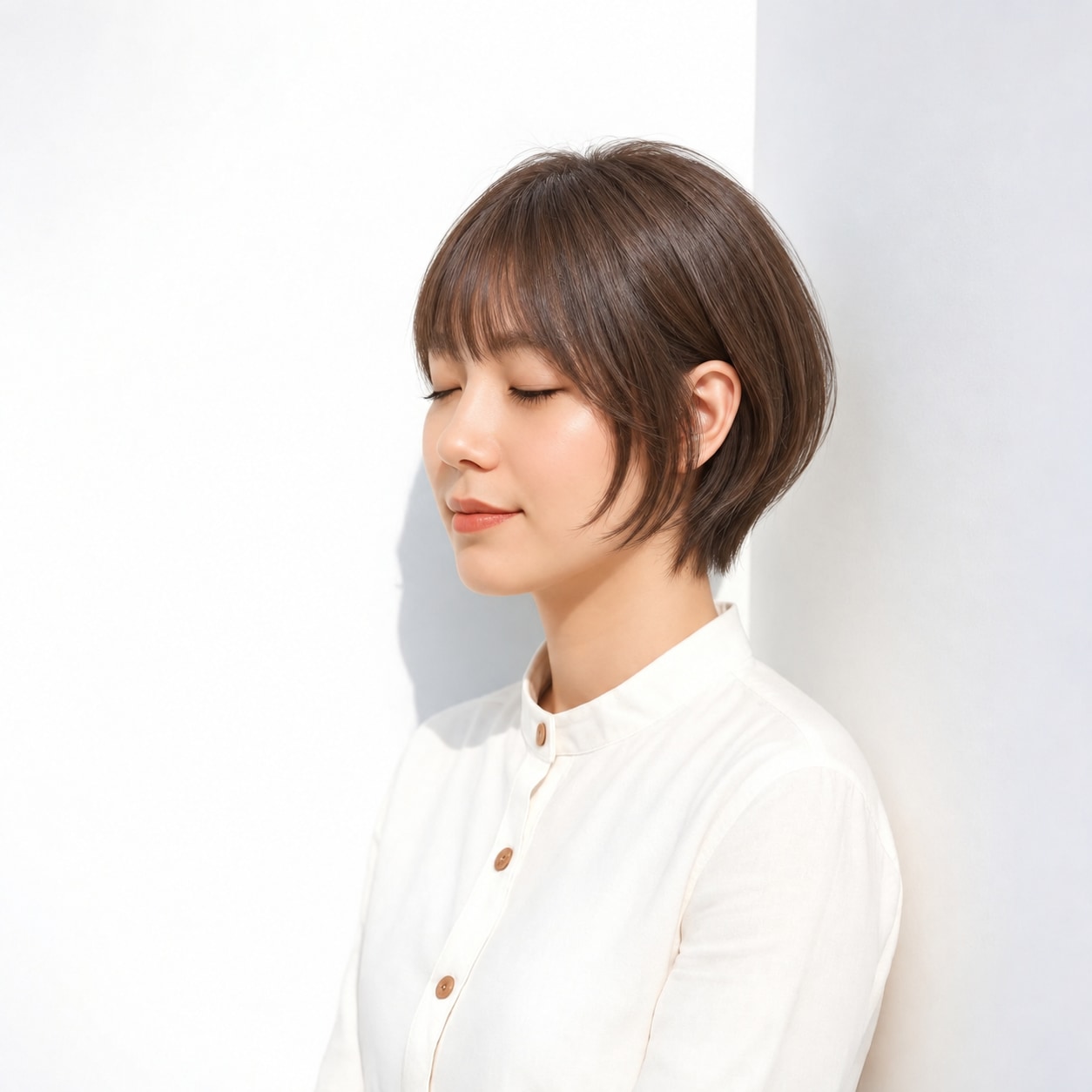 5. ひし形ショートボブ × 前髪あり × 前下がりボブ：横顔に斜めのラインが入り、すっきりした印象になります