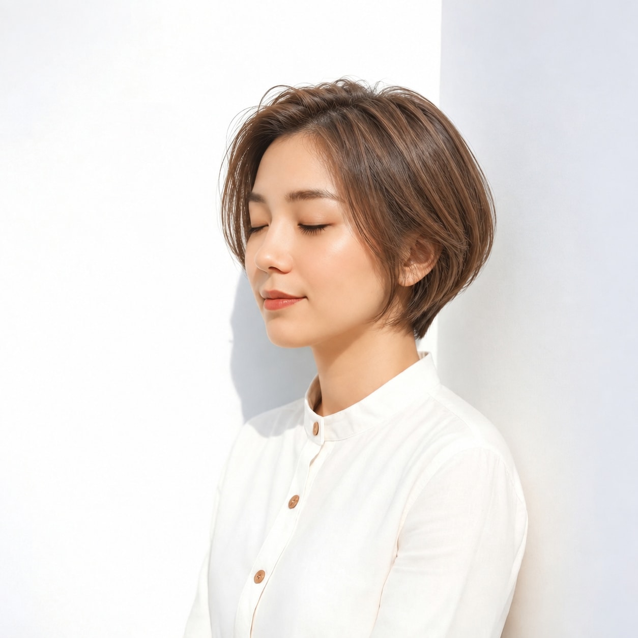 5. ひし形ショートボブ × 前髪なし × ワンカール：丸くなりすぎず、ボブの直線とやわらかさを両立できます