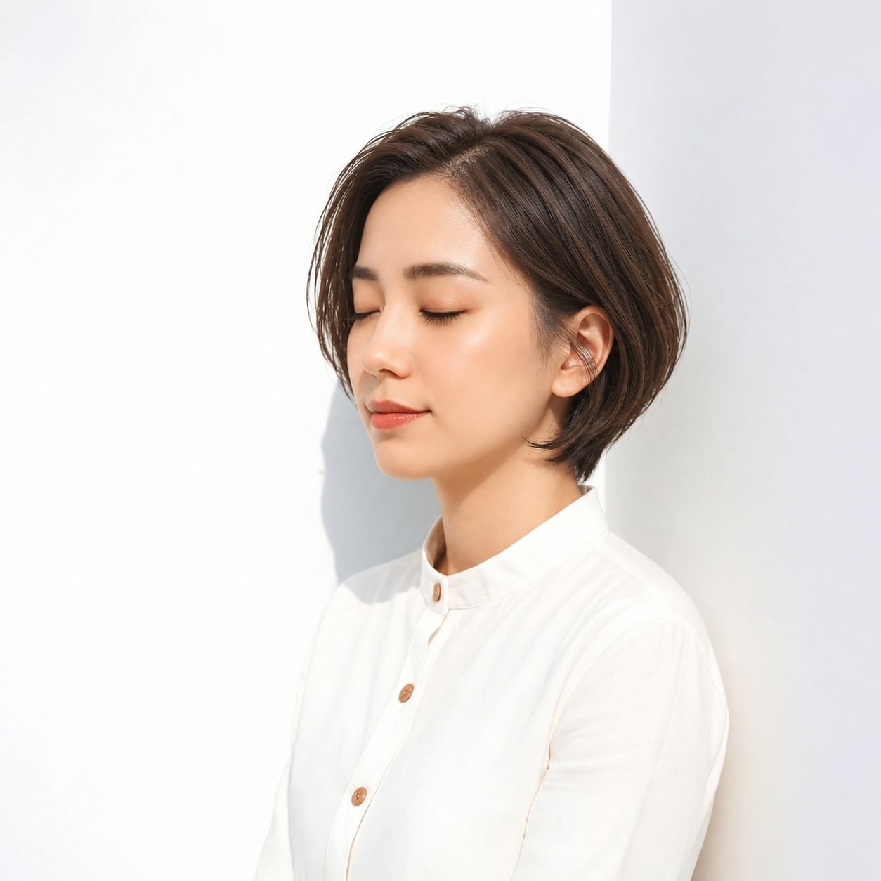 5. ひし形ショートボブ × 耳かけ：耳かけで後頭部の丸みがきれいに見える