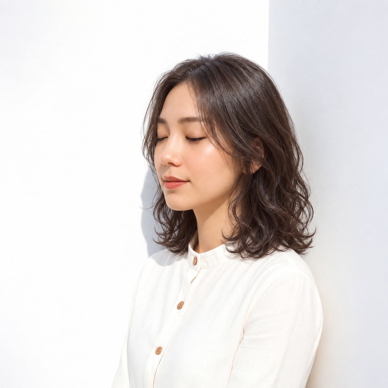 4. ゆるふわパーマ × ミディアム × ダークブラウン：毛先の揺れが落ち着いた雰囲気にやわらかさを添える