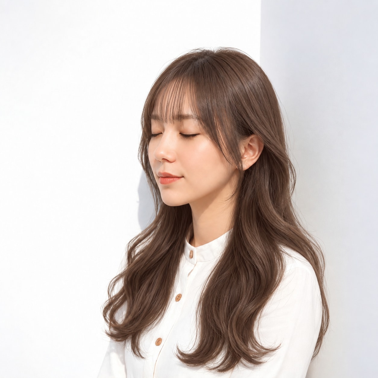 4. ゆる巻きロング × シースルーバング：やさしくフェミニンに