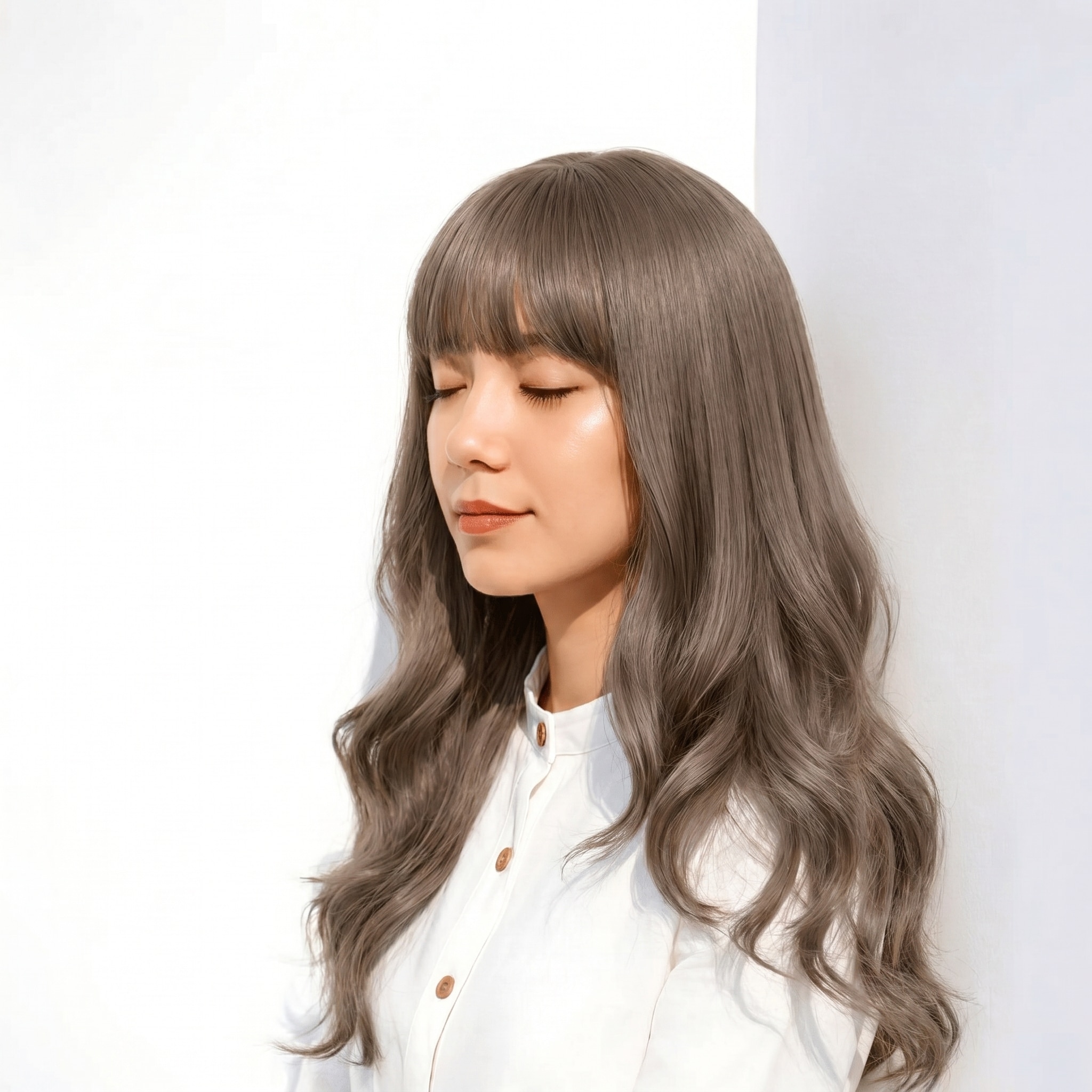 5. アイスグレージュ×ロングウェーブ: 青みグレージュで黄ばみを抑えた艶やかスタイル