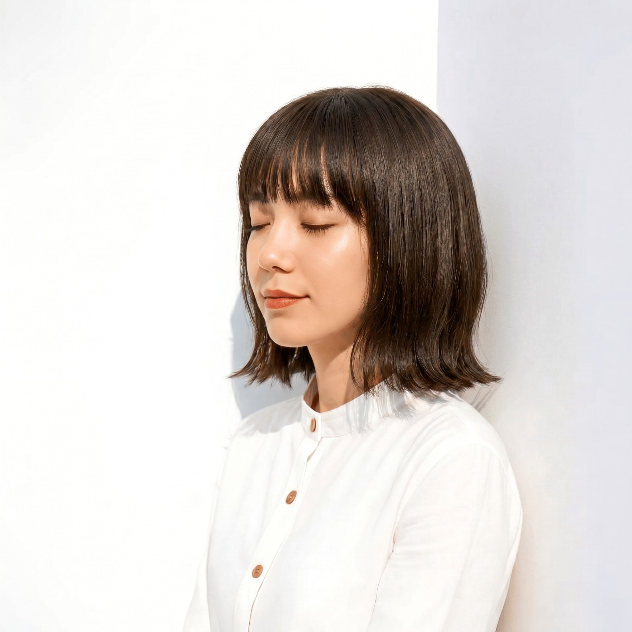 5. アッシュグレージュ×ストレートボブ: 青みグレーで赤みを抑えた上品なツヤ感