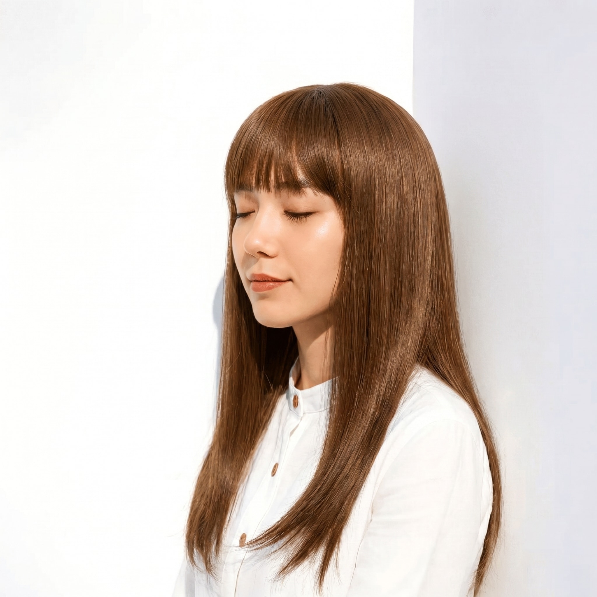 5. イエローブラウン×ロングストレート: まろやかな黄みで赤みを抑えつつ抜け感を足す