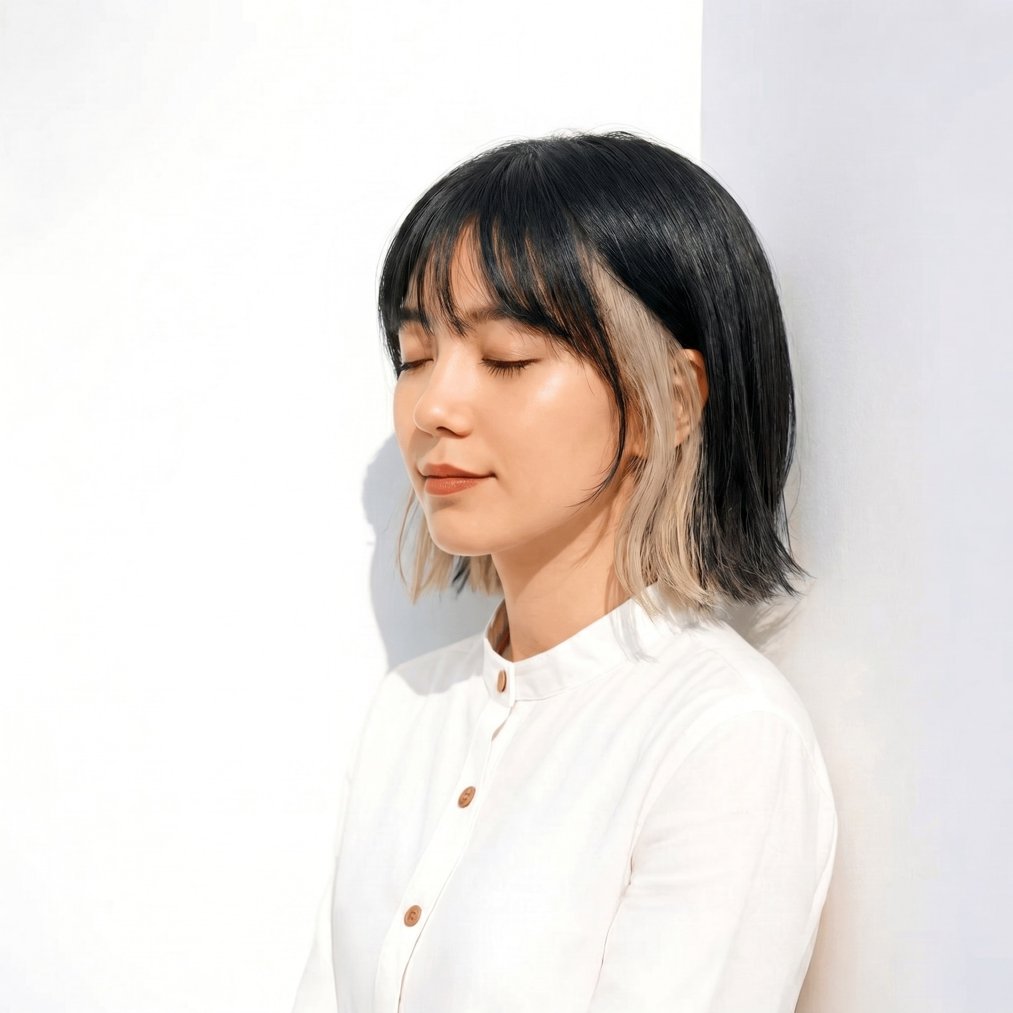 5. インナーカラー×アッシュベージュ×切りっぱなしボブ: 内側からのぞく色みで、表情まで軽やかに見せる