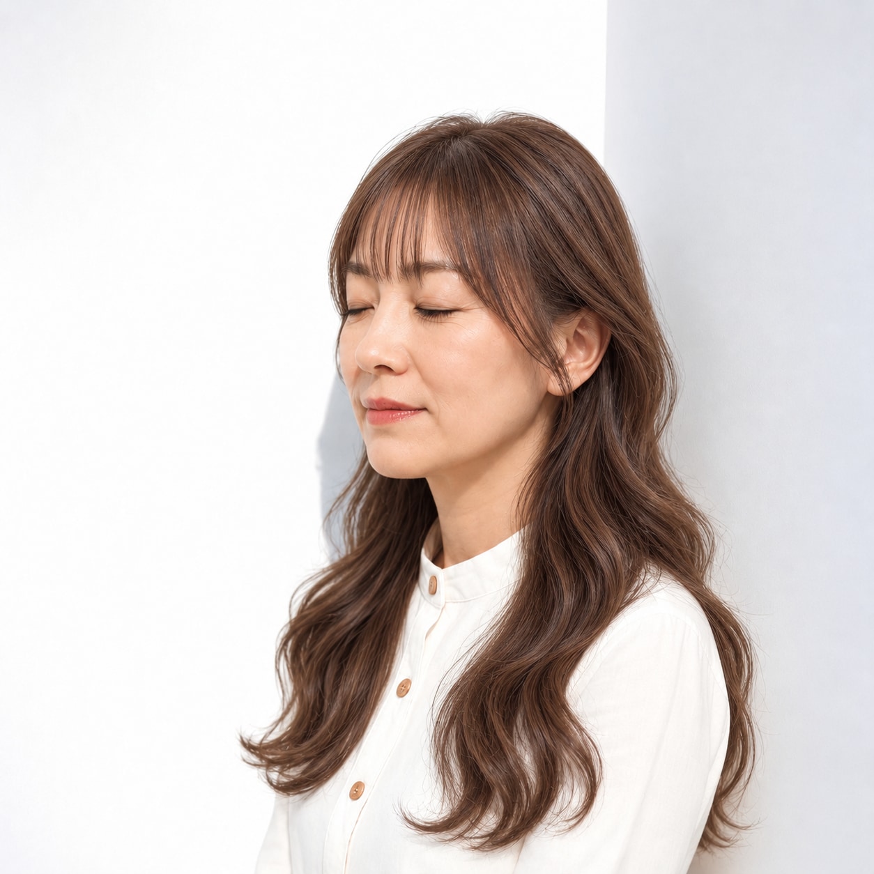 2. ウェーブロング × シースルーバング：今っぽく華やかな大人ヘア