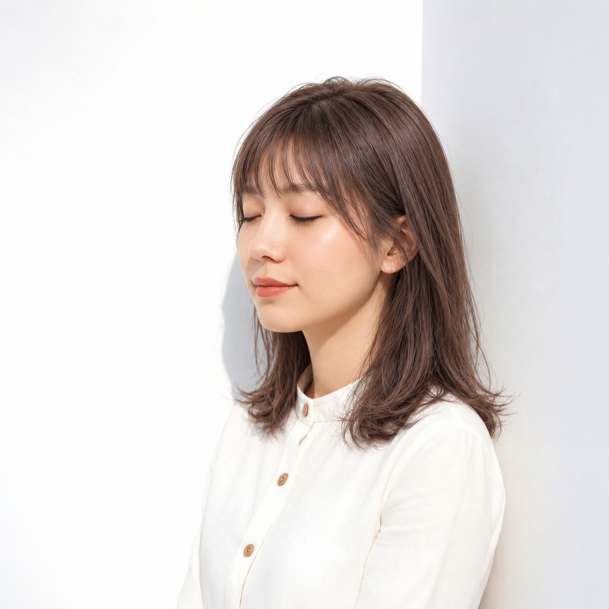 5. エアーバング × 耳かけミディアム：耳かけと軽い前髪で表情が明るく見える