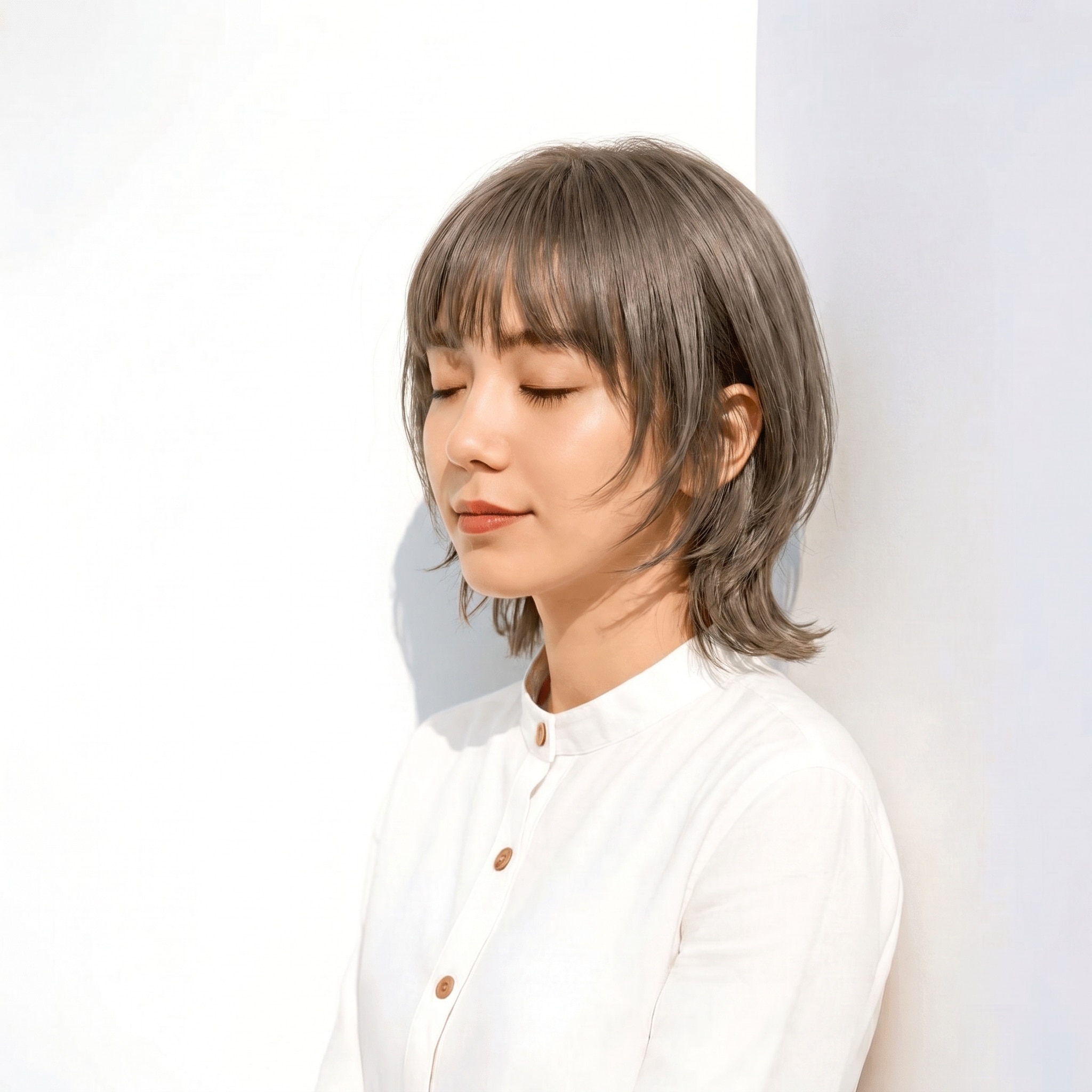 5. オリーブアッシュ×ショートミディ: くすみオリーブグレージュで軽やかに