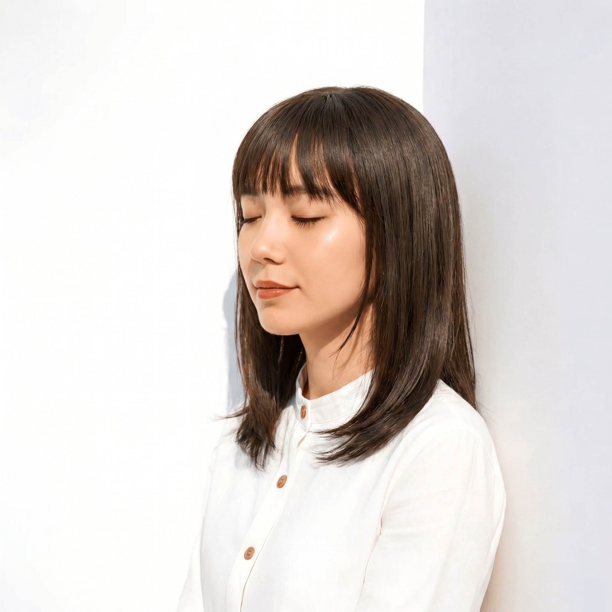 5. カーキグレージュ×縦長シルエット: 外ハネが映えるスタイリッシュな印象
