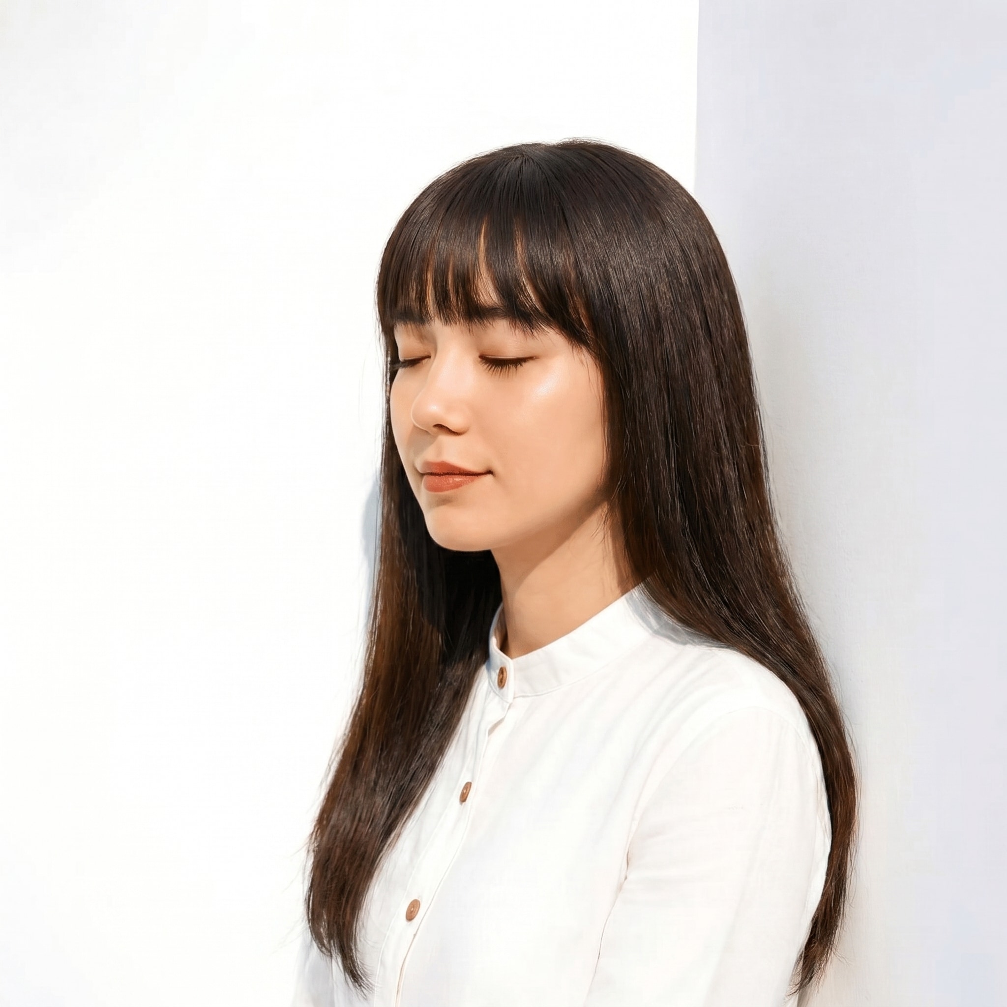 5. グレーブラウン×ツヤ感: 厚めフルバングのロングストレートが引き立つ上品な髪色