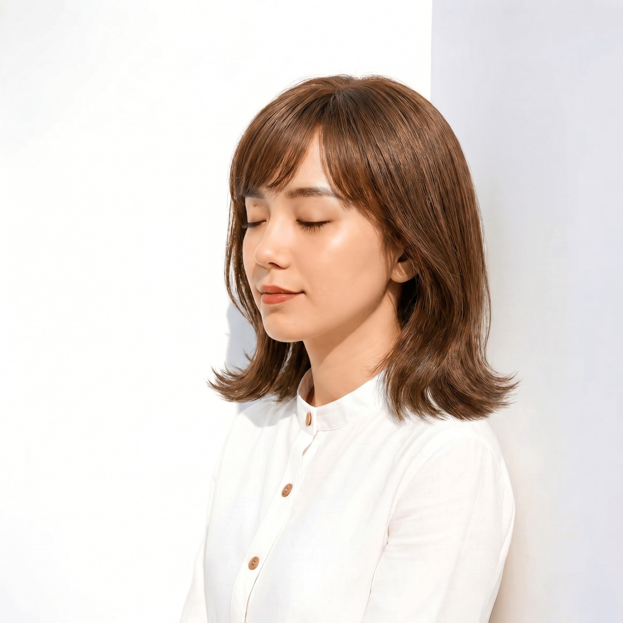 5. グレーベージュ×立体感: 控えめレイヤーで動きを際立たせるミディアムスタイル
