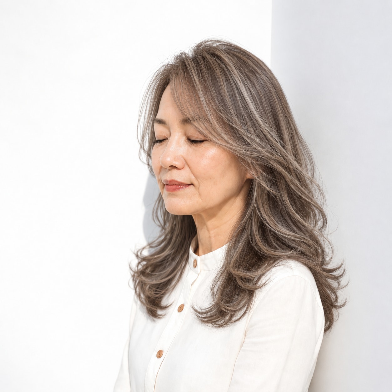 3. グレーヘアロング × 大きめカール：明暗が映える華やかさ