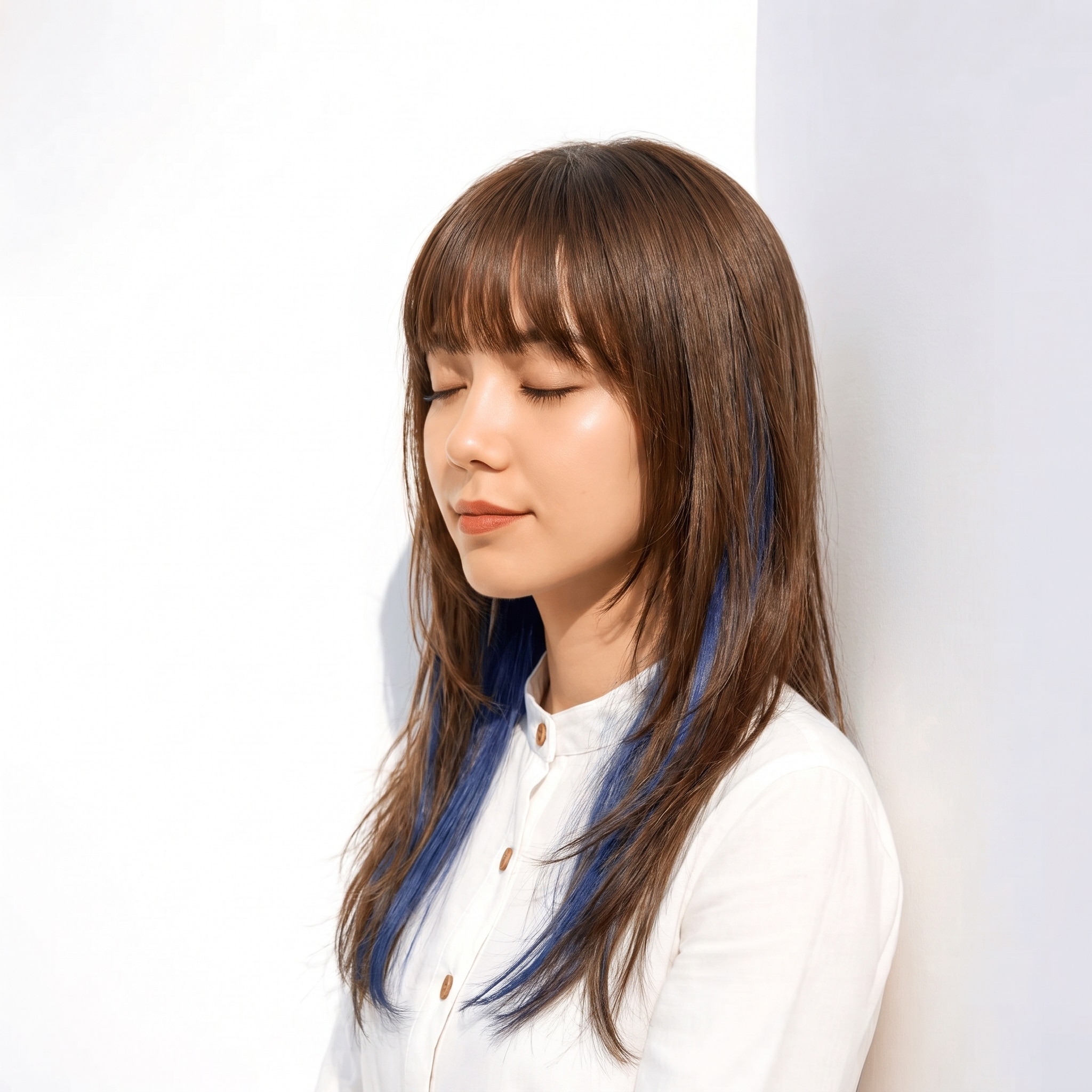 5. コバルトブルーメッシュ×ストレートロング: 鮮やかなラインで暗髪が沈みにくい