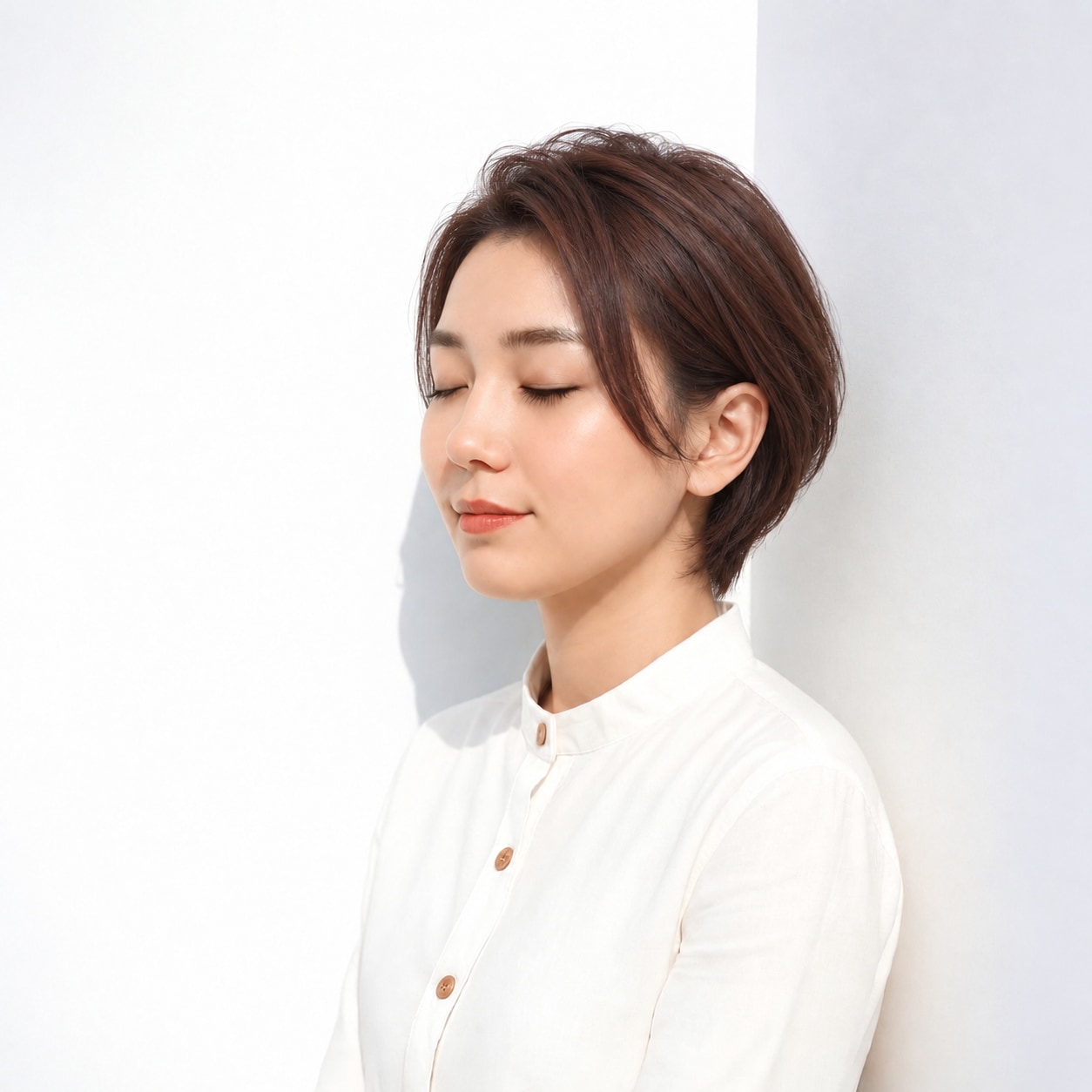 5. 前髪なしショート × 赤みブラウン：斜めの毛流れが凛とした表情をつくる