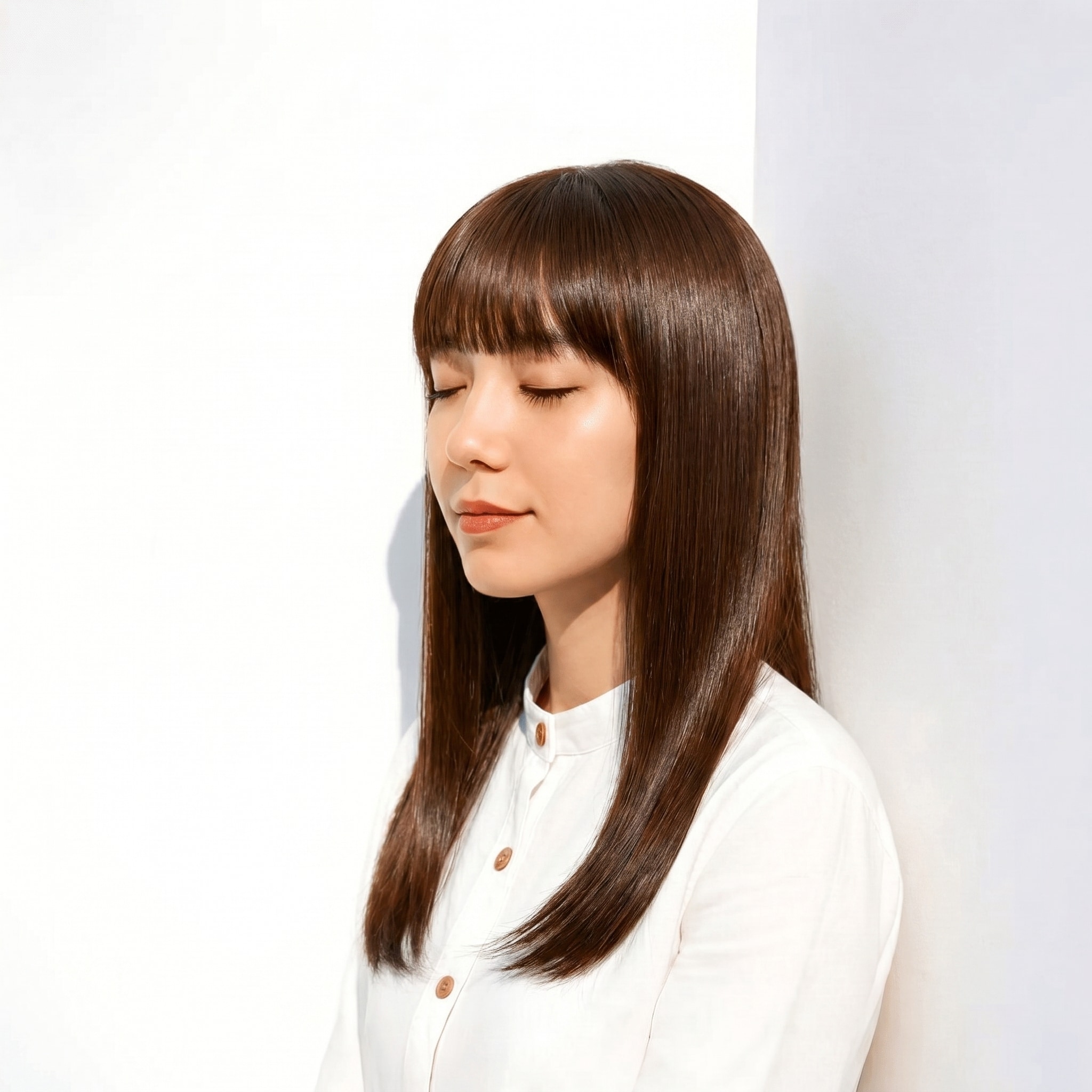 5. ショコラブラウン×ミディアムストレート: 暖色ブラウンでツヤを引き立てる落ち着きスタイル