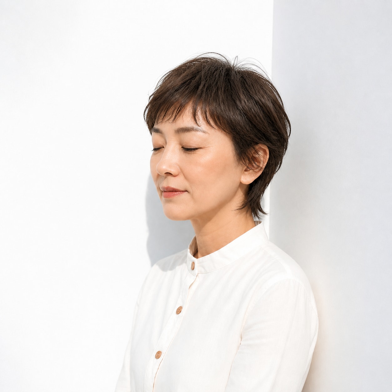 5. ショートウルフ × 短めバング：50代の目元を明るく
